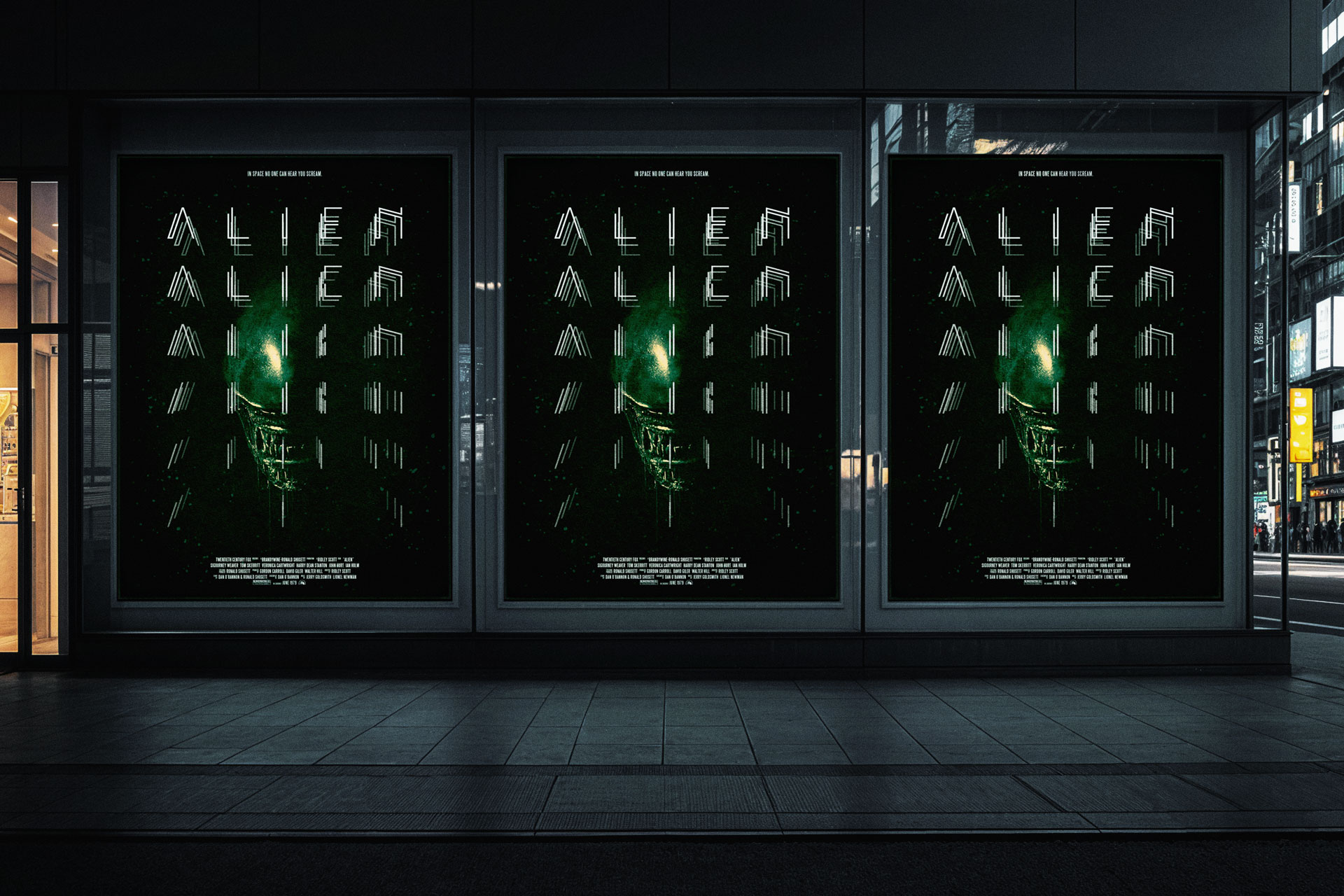 "Alien" movie poster mounted on a billboard 3 movie posters that say "Alien" in front of a galactic-style background, mounted side by side on the side of a building in an urban setting at night.