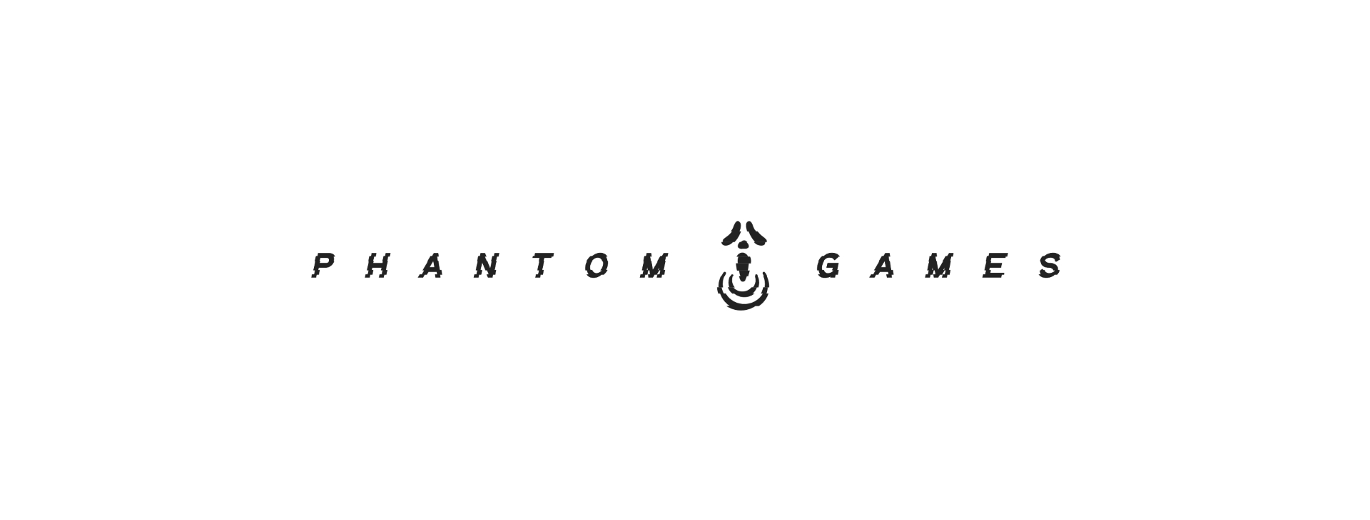 Gaming company logo that reads "Phantom Games" in dark, with the company logo between the two words on a white background