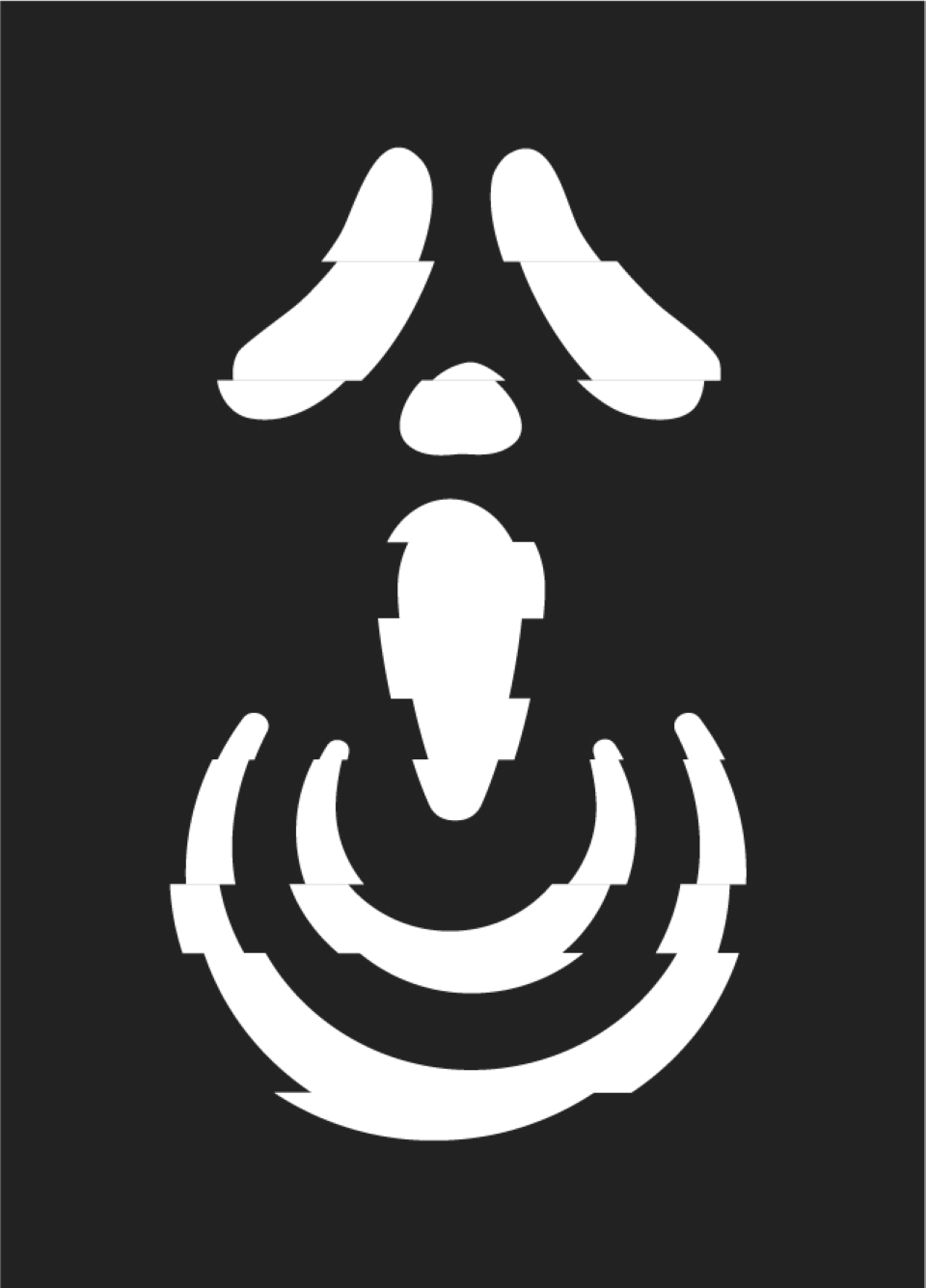 "Phantom Games" company icon, a combination of a joystick and the ghostface mask with a glitch effect, white on dark