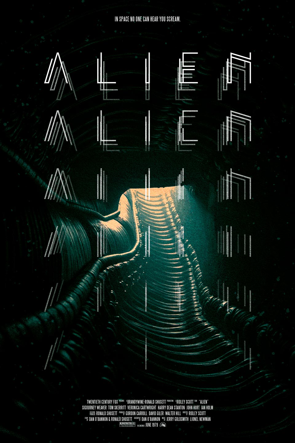 Typographic movie poster that says "Alien" in front of a dark, eerie corridor.