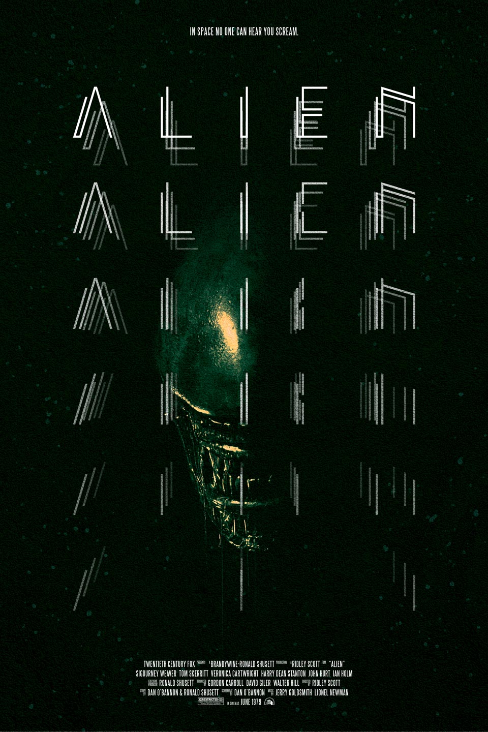 Typographic movie poster that says "Alien" in front of a Xenomorph creature from the "Alien" movie