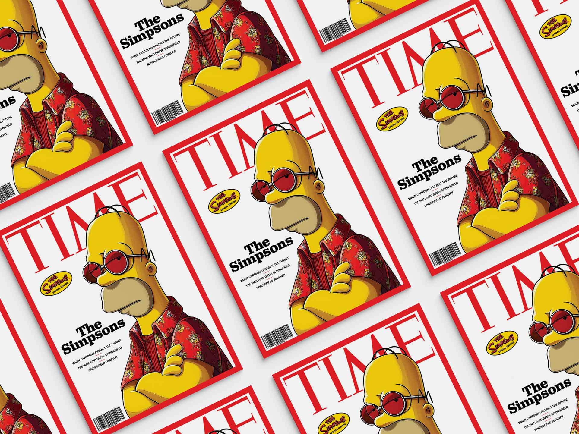 TIME Magazine: The Simpsons Special Edition Multiple TIME magazine mockups laid out side by side at a 30 degree angle on a white background. This is a Special Edition focused on The Simpsons, featuring the red TIME logo, a red border on the cover, and Homer Simpson wearing a red summer shirt and red sunglasses with his arms crossed.