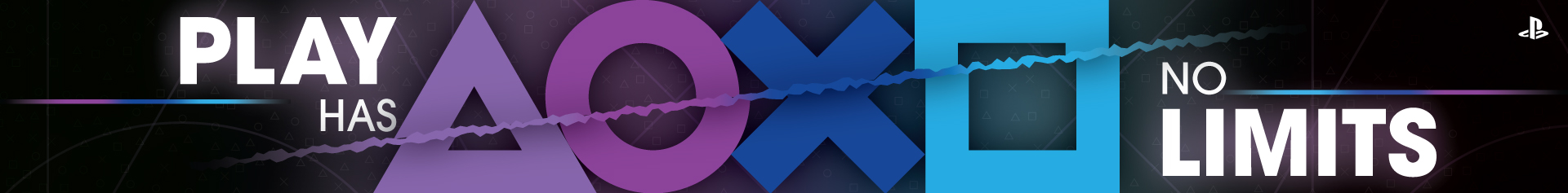 A web advertisement banner for PlayStation that features the 4 brand icons (triangle, circle, x, and square) in that order, the slogan "Play Has No Limits", and the PlayStation logo on a blue/purple/pink gradient background. 