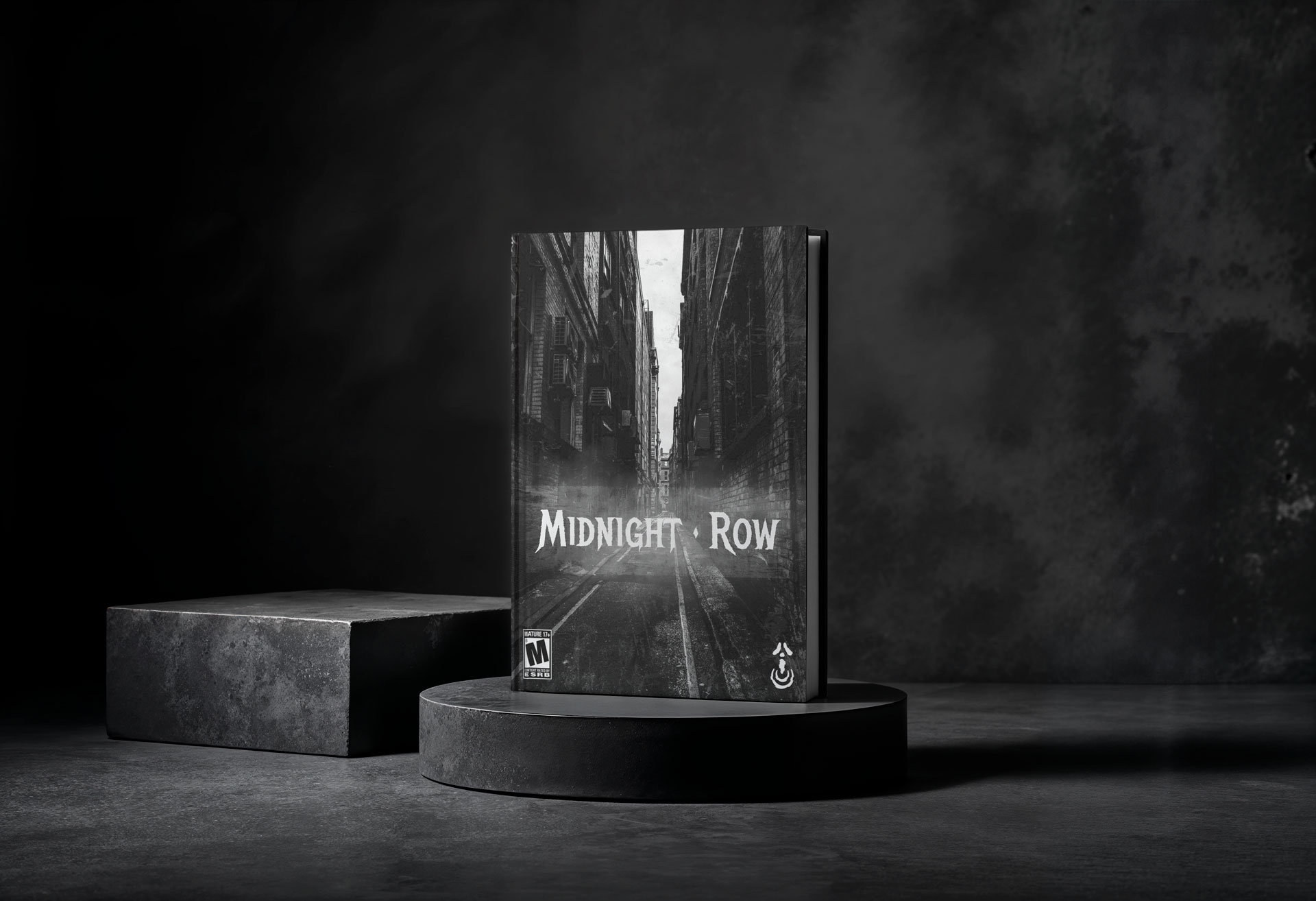 "Midnight Row" game cover A mockup cover that reads "Midnight Row" standing vertically on a short and dark cylindrical pedestal. Beside it is a slightly taller square pedestal, and the background is in the same dark tones.