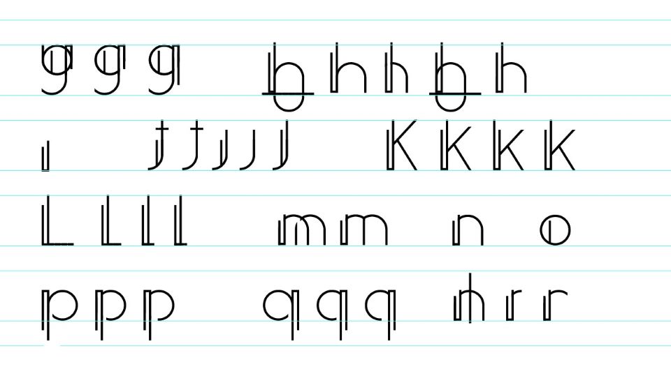 Digital sketches of the lowercase letters g-r, with multiple iterations of each for the XENO-79 typeface.