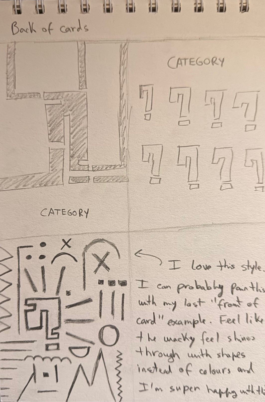 Paper divided into 4 squares, each with different sketches for artwork to go on the back of cards. 