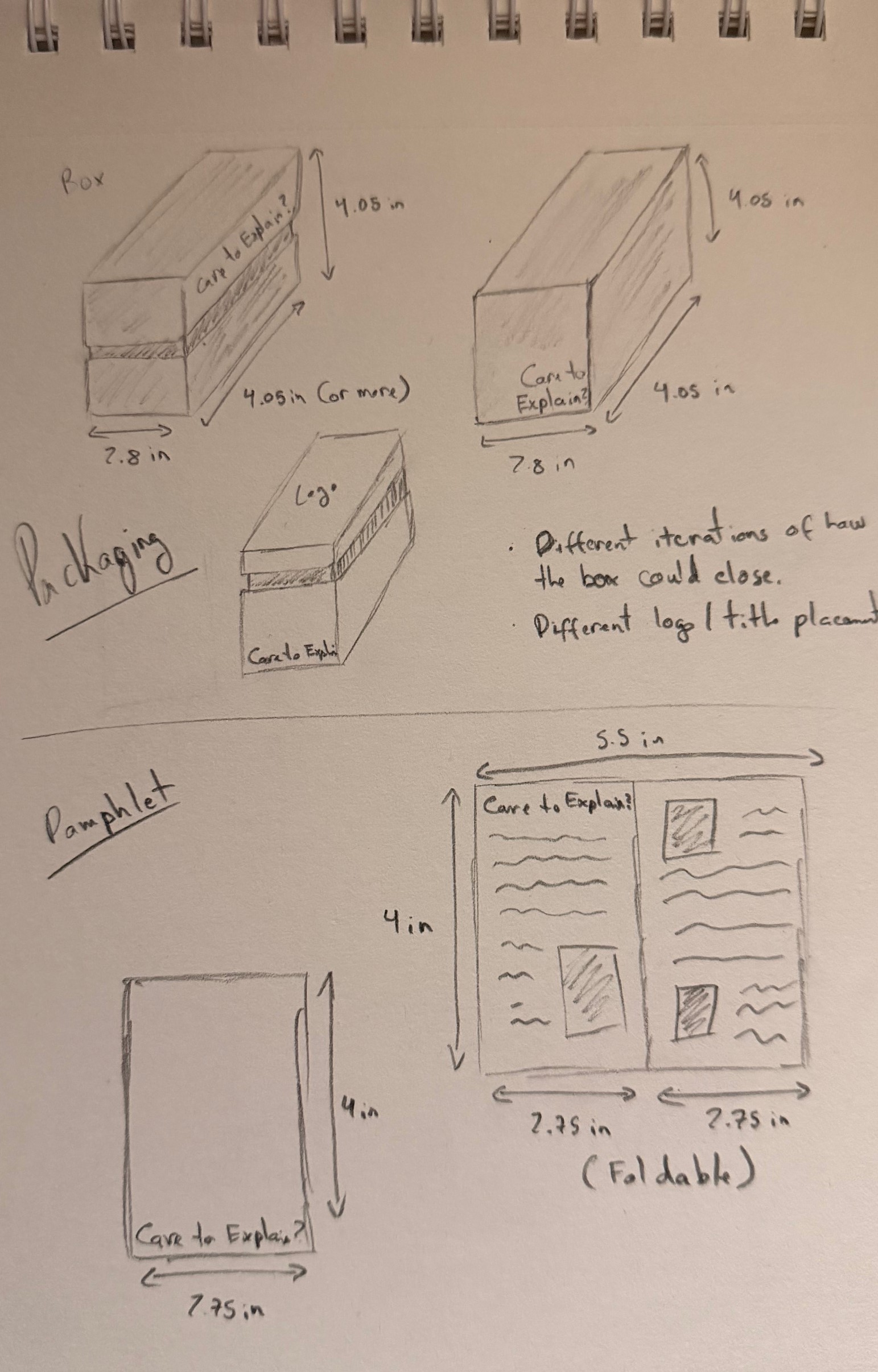 Different sketches of the packaging for a box as well as an instruction sheet.
