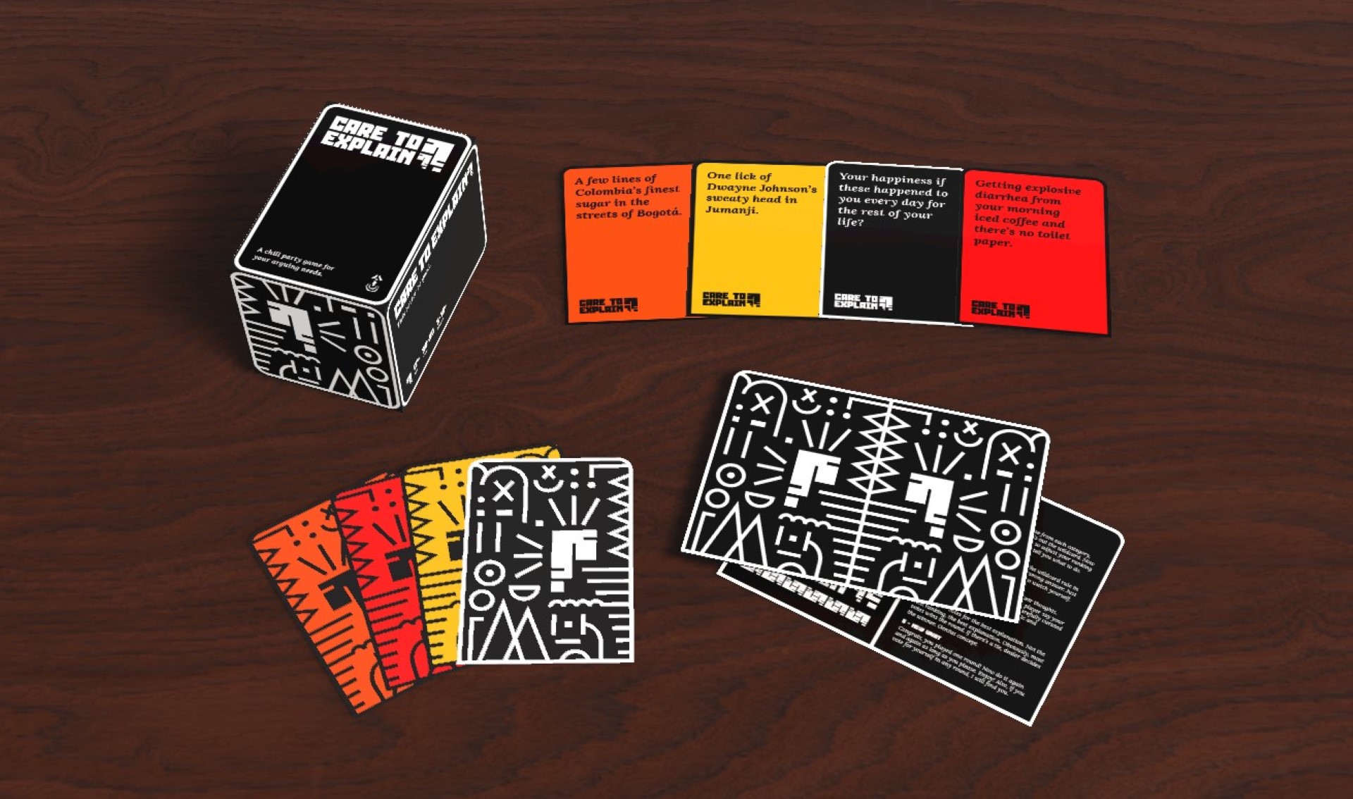 An arrangement of red, yellow, orange, and black playing cards with prompts written on them. We can see both the front and back, as well as a black instruction manual and packaging box in the shape of a rectangular prism.