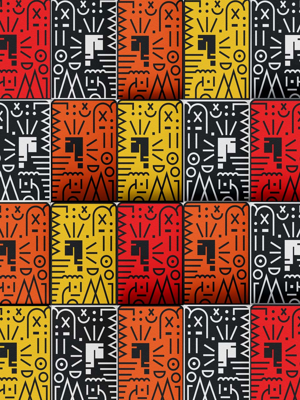 4 rows of playing cards. Each card has the same stylish pattern in the artwork and has one of red, orange, yellow, or black as its background color.