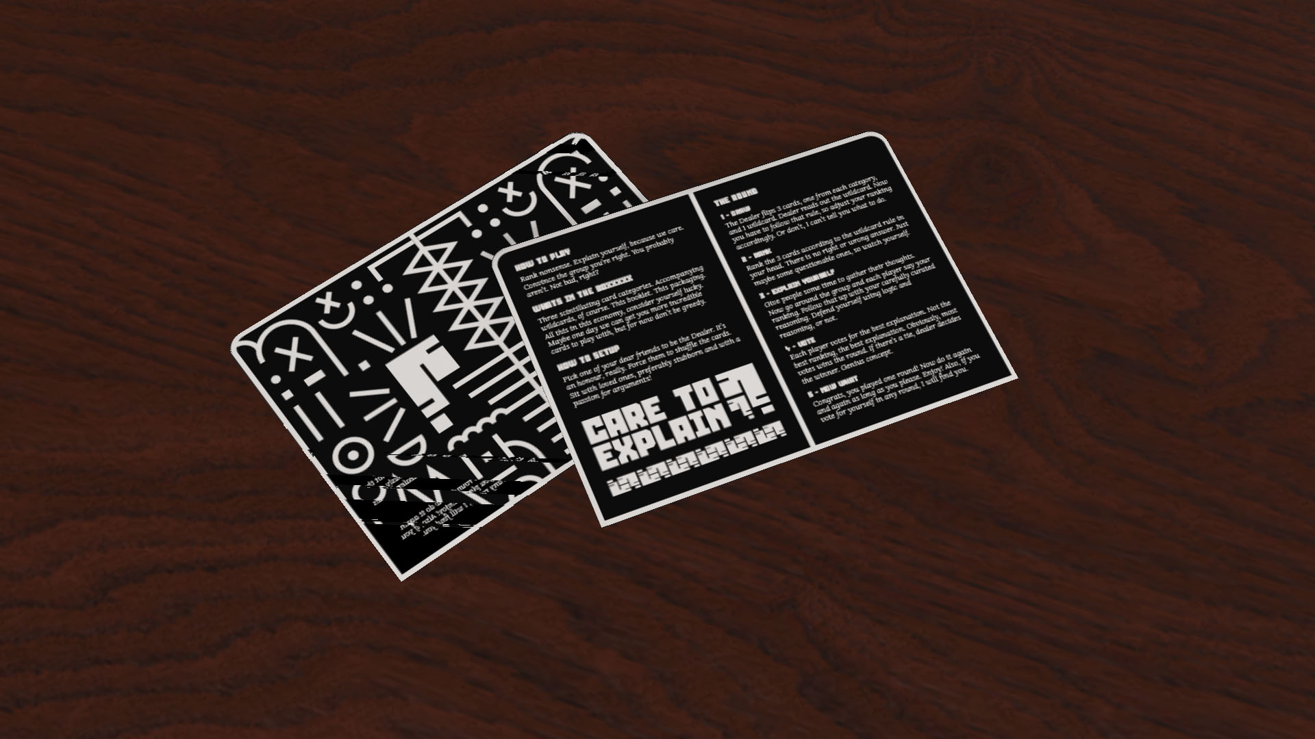 A black instruction sheet for the card game "Care to Explain?"