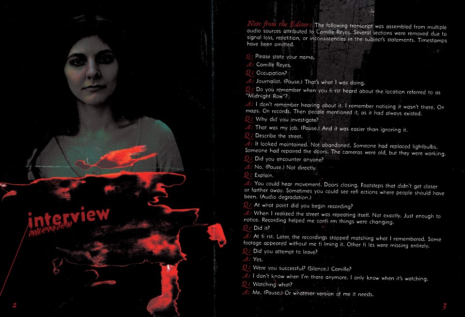 "Midnight Row" interview page, spread 3