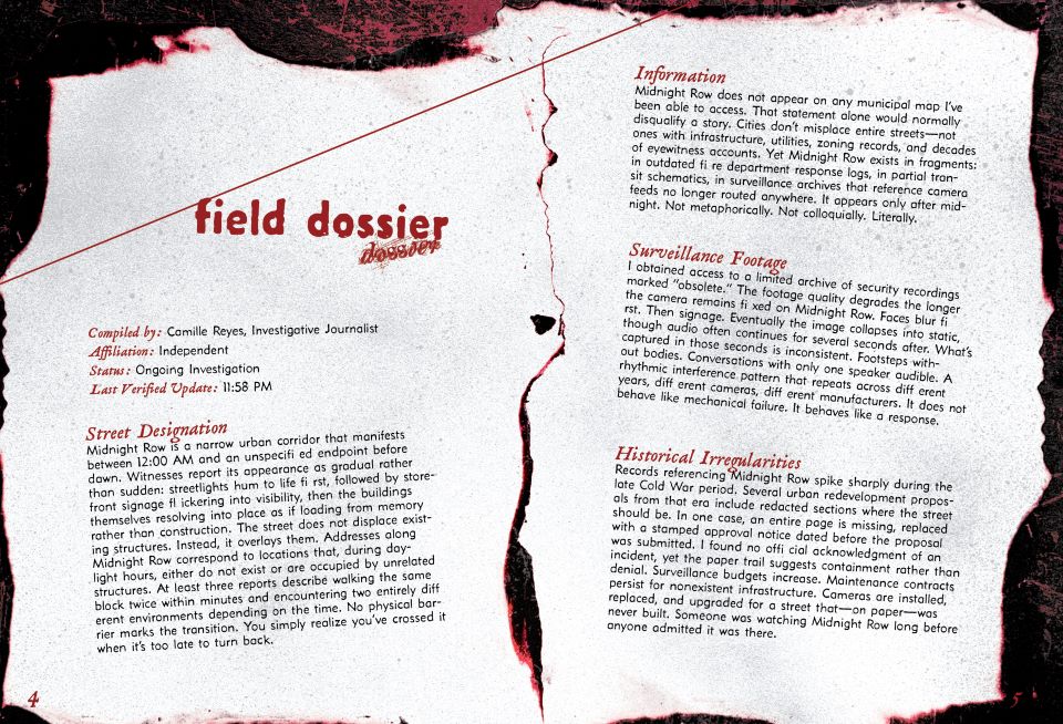 "Midnight Row" field dossier page, spread 4