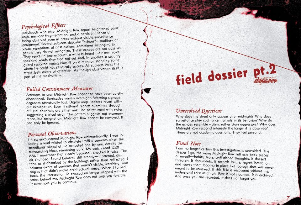 "Midnight Row" field dossier page continued, spread 5